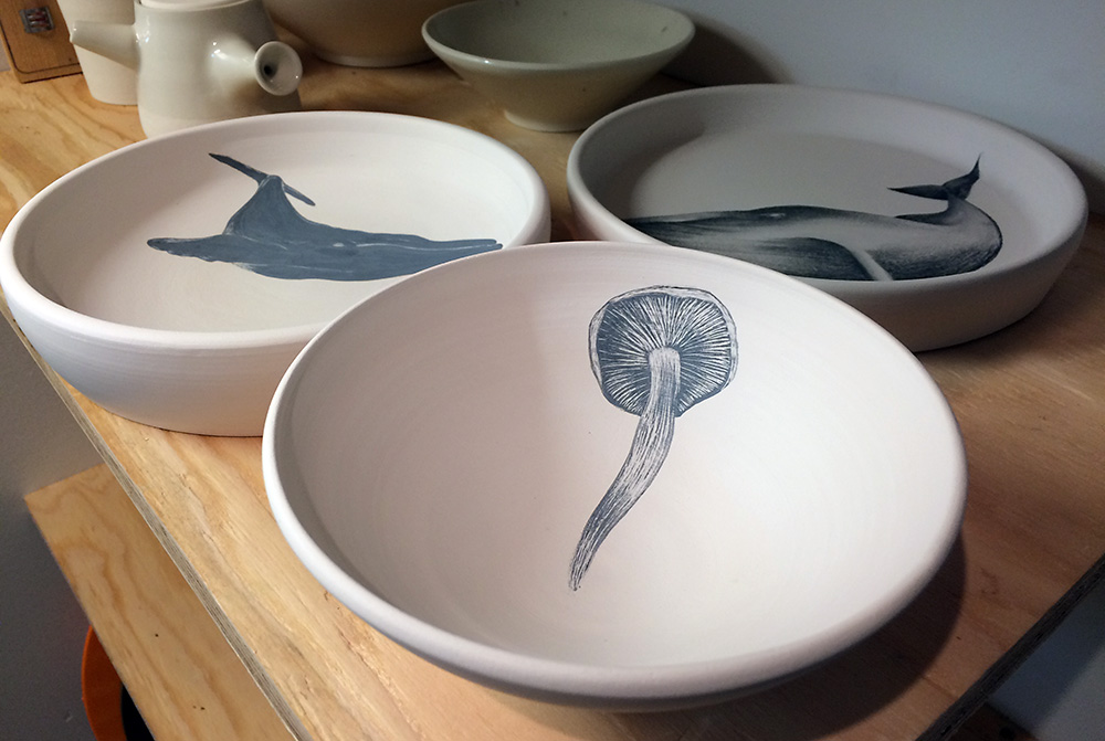 Mushroom and whale: underglaze on bisque