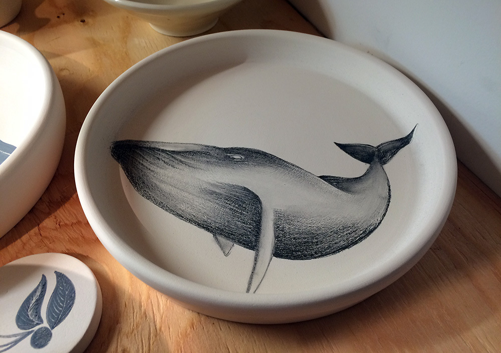 Whale: underglaze pencil on bisque