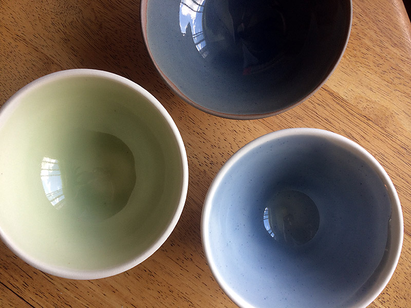 Colored glaze bowls, teal and avocado, by La Datcha