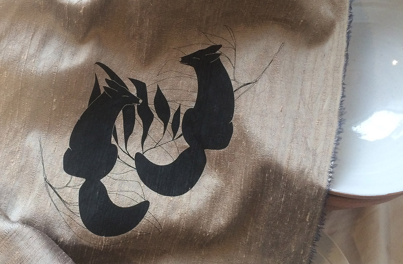 Silkscreen printing on raw silk, La Datcha