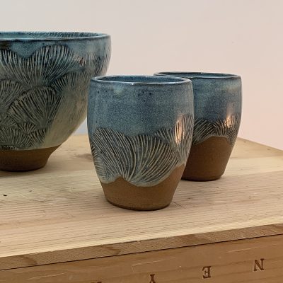 Medium blue tumblers with abstract pattern, La Datcha